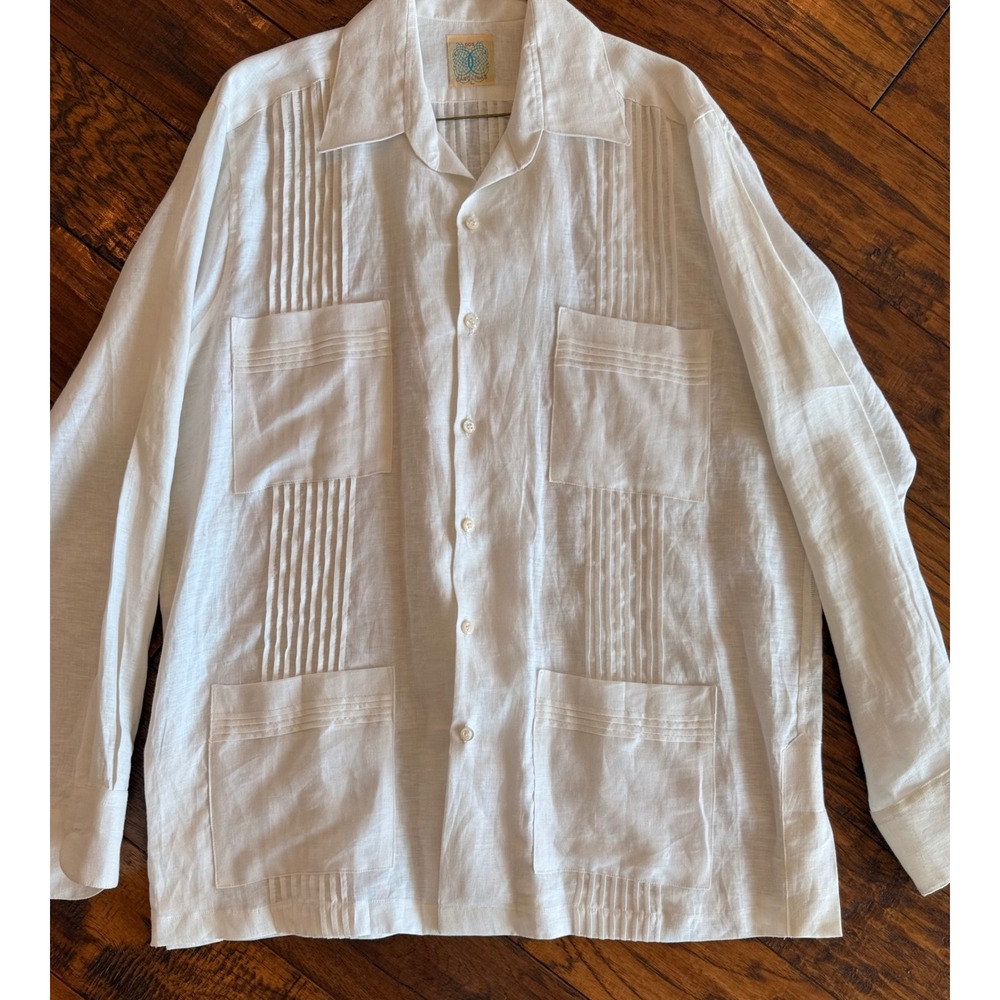 Dos Carolinas Linen Guayabera Shirt Mens L White 4 Pocket Cuban Mexico Luxury
